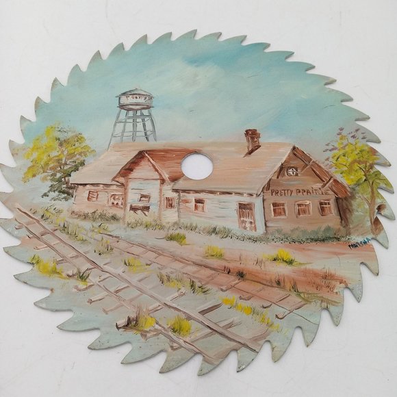 Pretty Prairie KS Hand Painted Saw Blade Folk Art Train Railroad Depot Signed - Picture 7 of 7